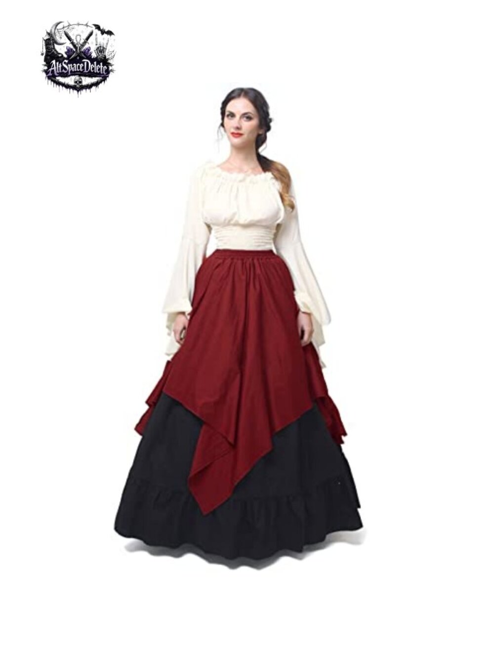 Renaissance Costume Women 2 Piece Medieval Dress Set Bell Sleeve Peasant Outfit